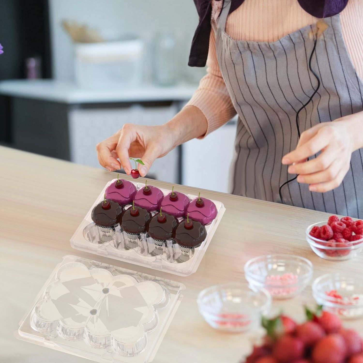 12 Count 20 Sets Clear Cupcake Boxes Disposable Cupcake Containers Stackable Cupcake Carrier Holders with 240 Liners High Dome Lid