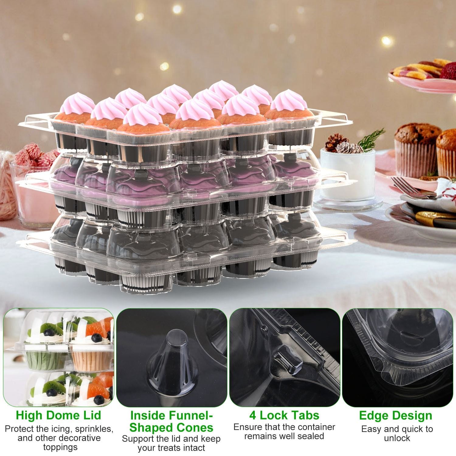 12 Count 20 Sets Clear Cupcake Boxes Disposable Cupcake Containers Stackable Cupcake Carrier Holders with 240 Liners High Dome Lid