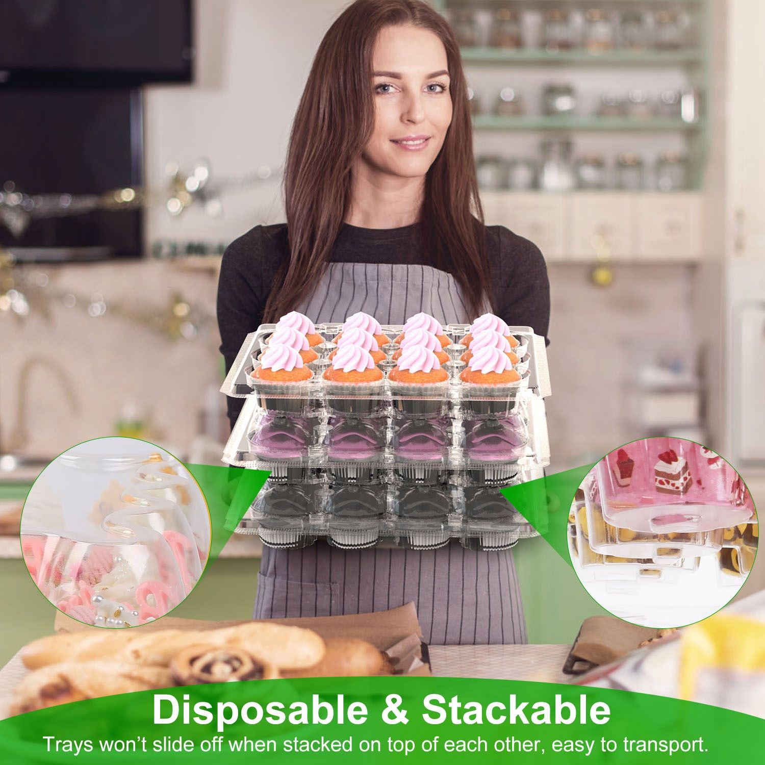 12 Count 20 Sets Clear Cupcake Boxes Disposable Cupcake Containers Stackable Cupcake Carrier Holders with 240 Liners High Dome Lid
